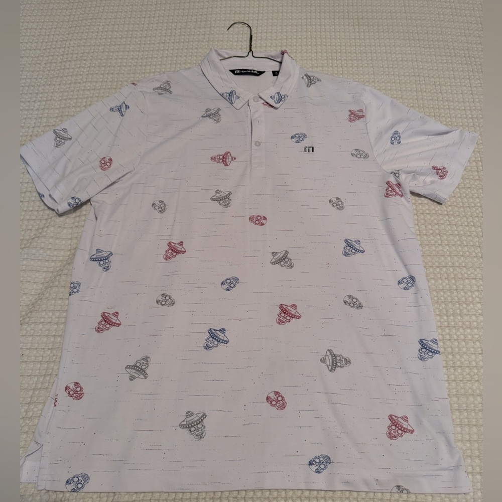 Travis Mathew White Polo Shirt with Patterned Accents